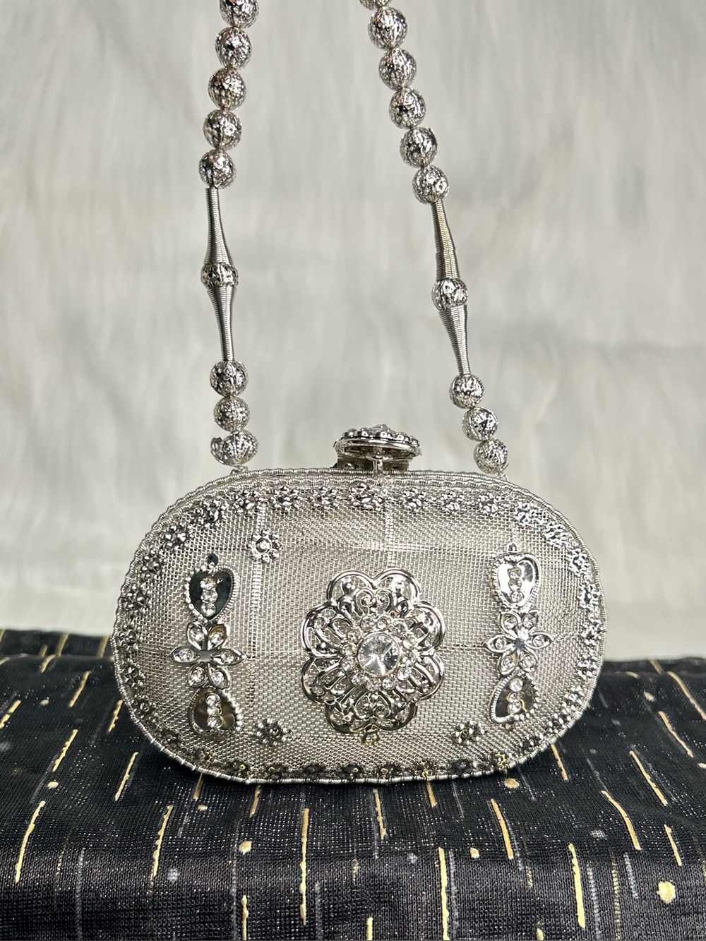 Silver Crystal-Embellished Metal Evening Clutch With Beaded Strap Women Bags